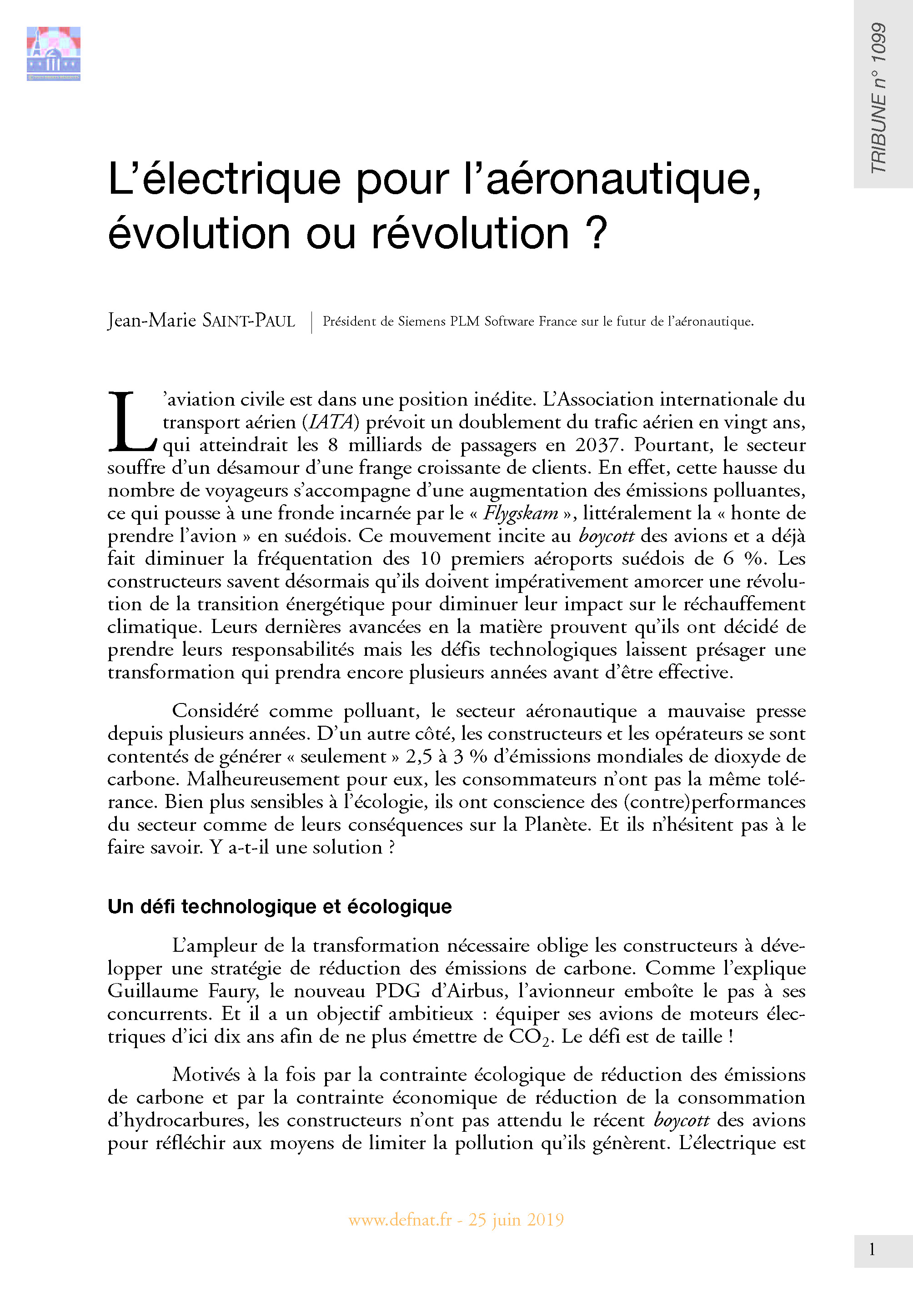 L’électrique pour l’aéronautique, évolution ou révolution ? (T 1099)
